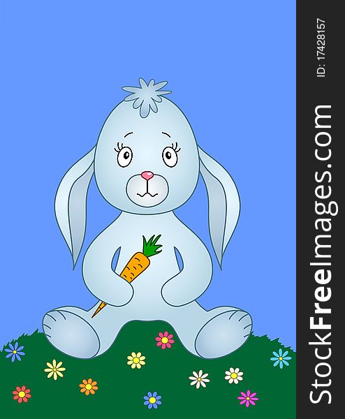 Rabbit siting on a flower meadow and holding carrot in paws. Rabbit siting on a flower meadow and holding carrot in paws