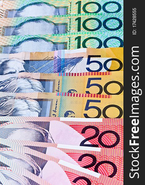 One hundred, fifty and twenty dollar Australian banknotes. One hundred, fifty and twenty dollar Australian banknotes