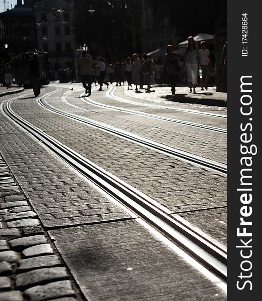 Rail tracks  cobblestone street  in center of  Lviv, Ukraine