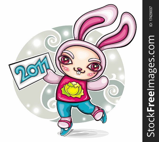 Vector greeting card: cute funny cartoon rabbit on Ice Skates, holding 2011 sign. Rabbit, a symbol of 2011, according to the Chinese calendar. Vector greeting card: cute funny cartoon rabbit on Ice Skates, holding 2011 sign. Rabbit, a symbol of 2011, according to the Chinese calendar