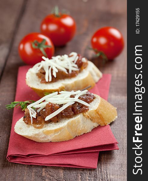 Fresh baguette with tomato chutney and cheese. Fresh baguette with tomato chutney and cheese