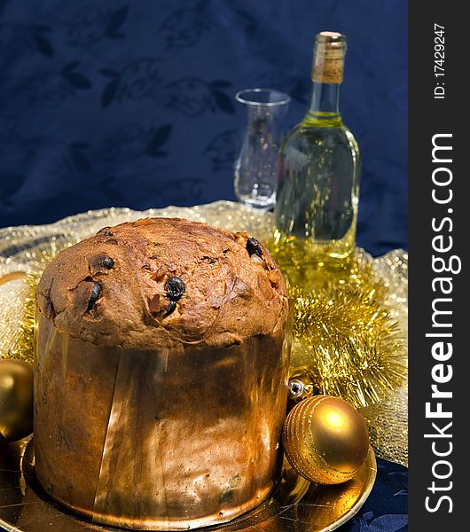 Cake, wine glass and blur the background and Christmas decorations. Cake, wine glass and blur the background and Christmas decorations