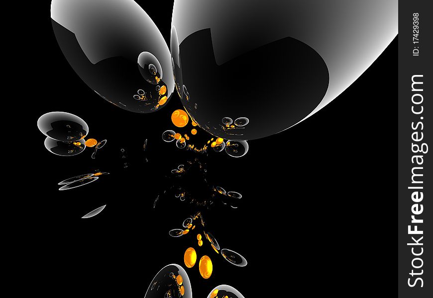 Composition of black, yellow, transparent balls on the black background. Composition of black, yellow, transparent balls on the black background