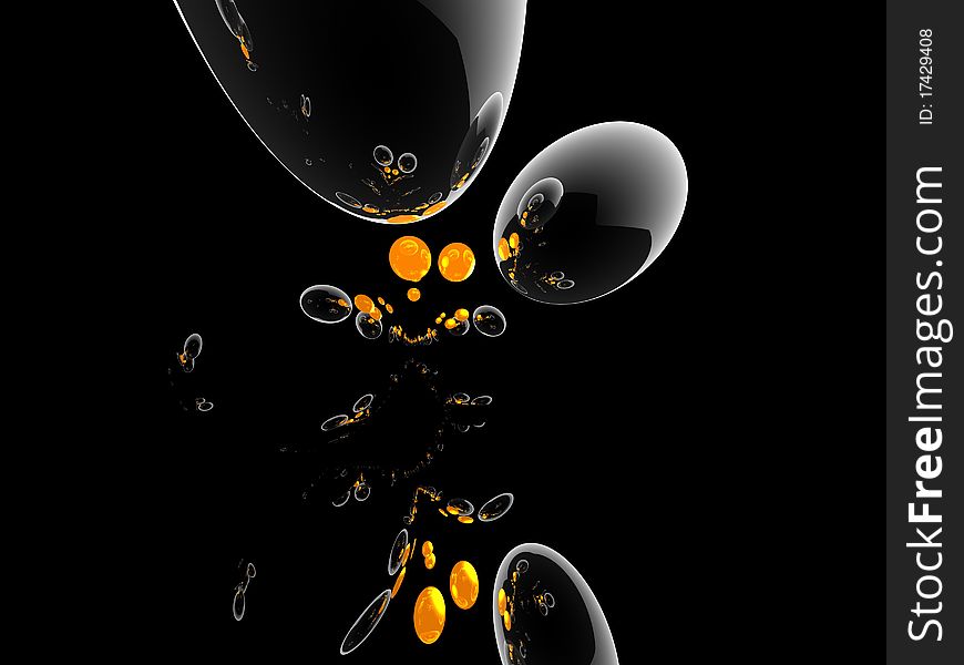 Composition of black, yellow, transparent balls on the black background. Composition of black, yellow, transparent balls on the black background