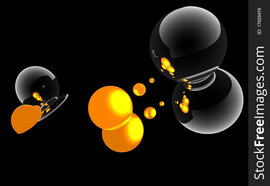 Composition of black, yellow, transparent balls on the black background. Composition of black, yellow, transparent balls on the black background