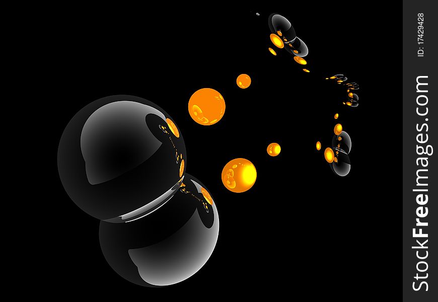 Composition of black, yellow, transparent balls on the black background. Composition of black, yellow, transparent balls on the black background