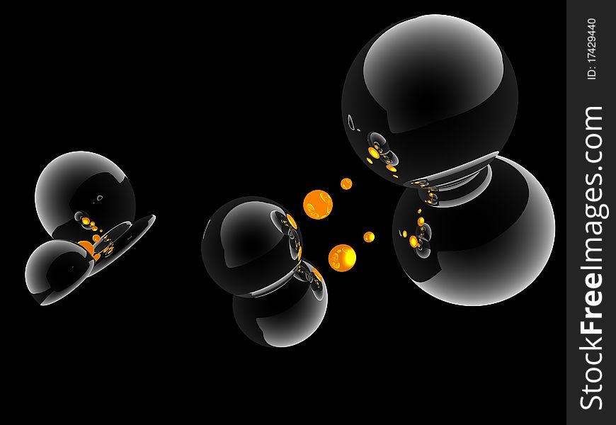 Composition of black, yellow, transparent balls on the black background. Composition of black, yellow, transparent balls on the black background