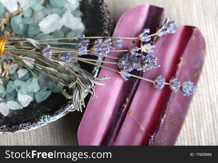 Handmade lavender soap bars bath salt and dryed lavender flowers