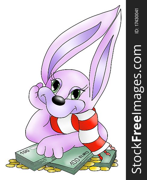Pink bunny with money and coins