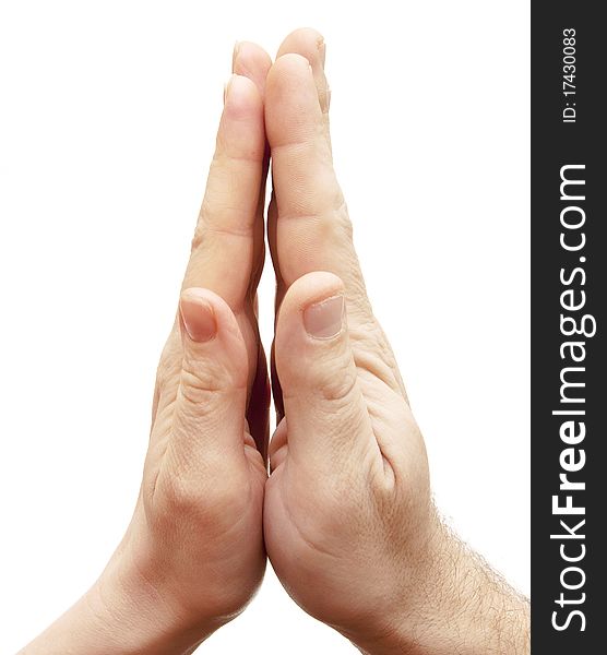 Male and female hands on white background