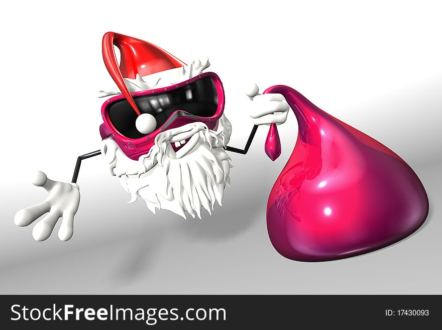 Happy Santa holds pink sack