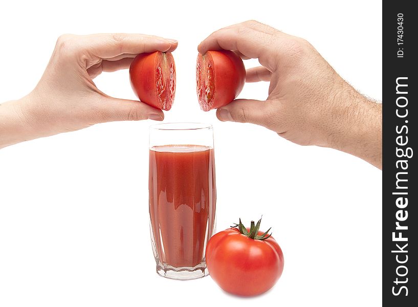 Halfs tomatoes combine male and female hands on white