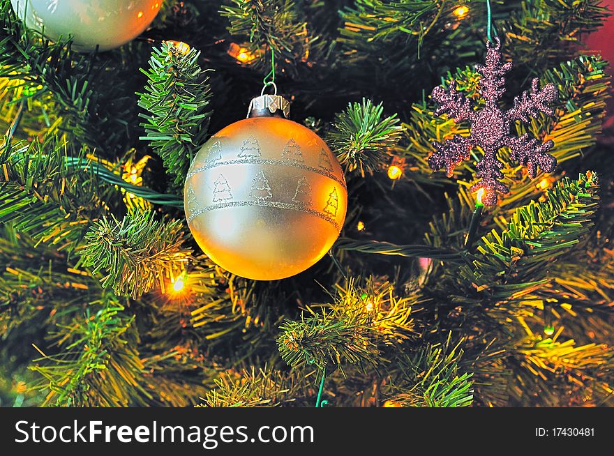 Still-life view of a Christmas tree and its lights/decorations. Still-life view of a Christmas tree and its lights/decorations