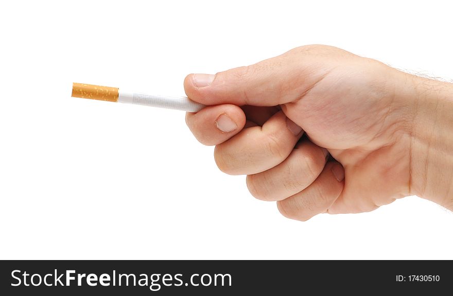 Hand gives a cigarette on a white background