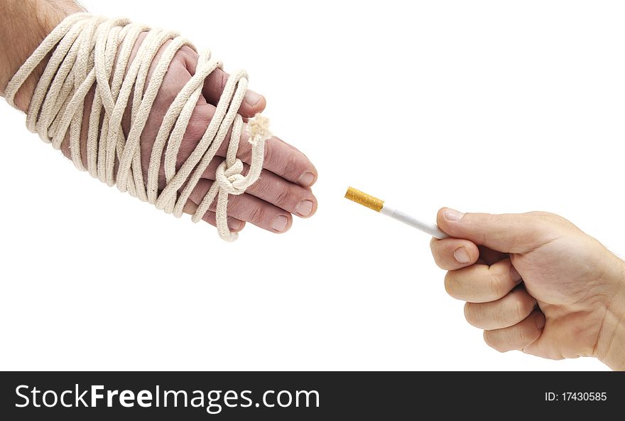 Hands were tied with a rope that would have given up smoking on white
