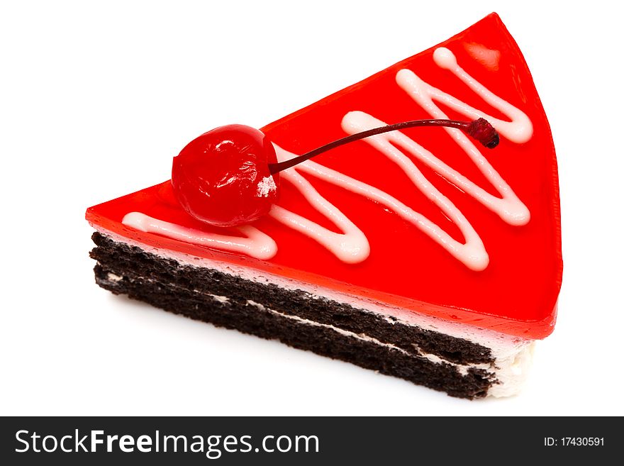 Chocolate pie with a cherry on a white background