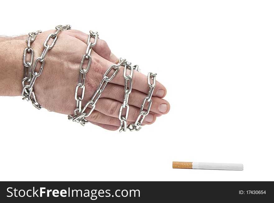 Hands in chain stretch to the cigarette on white