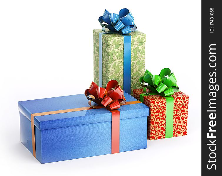 Three boxes of gifts: blue, red and green. Three boxes of gifts: blue, red and green