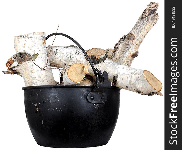 Birch wood in a metal pot, Object isolated on white background