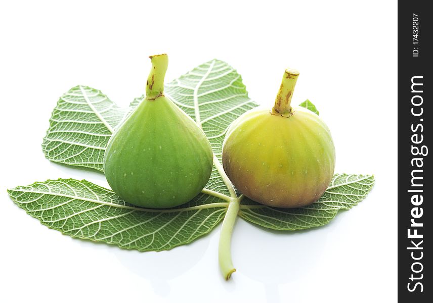 Fig and fig leaf on a white background. Fig and fig leaf on a white background