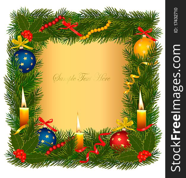 Christmas background with tree, candle and holly. Vector illustration. Christmas background with tree, candle and holly. Vector illustration.