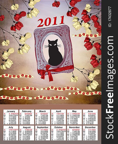 2011 calendar with a black cat into a vintage frame