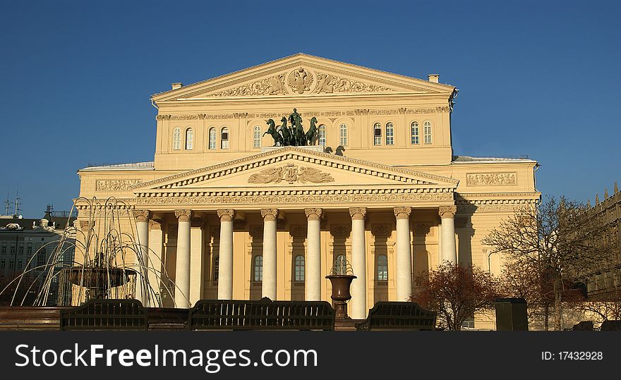 Bolshoi Theatre (Large, Great or Grand Theatre, also spelled Bolshoy), Moscow, Russia. Bolshoi Theatre (Large, Great or Grand Theatre, also spelled Bolshoy), Moscow, Russia