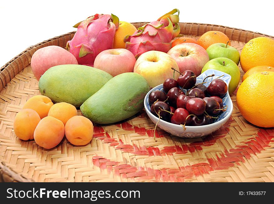 Various of fruit in bamboo basket.