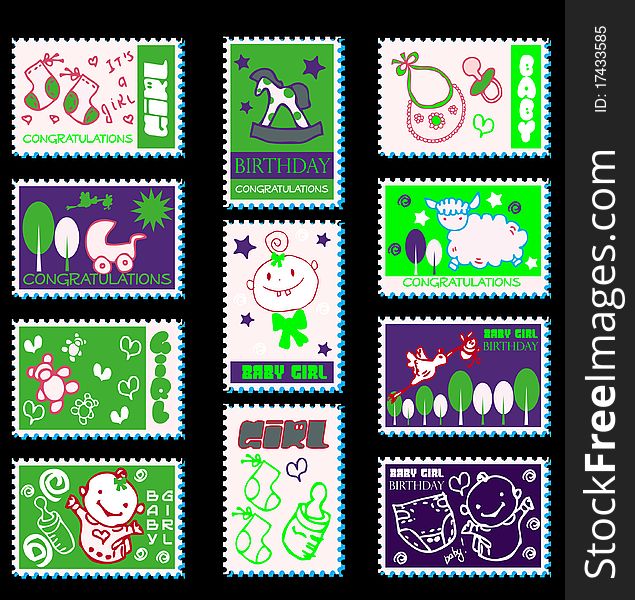 Baby girl postage stamps  baby icons