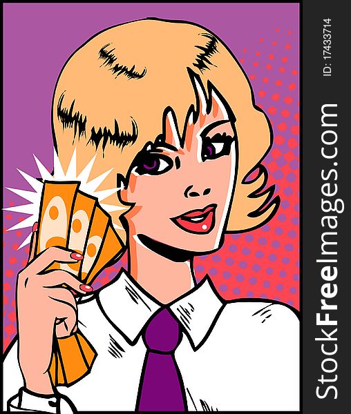 Pop Art Business Woman with money in hand. Vintage Comic Background. Pop Art Business Woman with money in hand. Vintage Comic Background