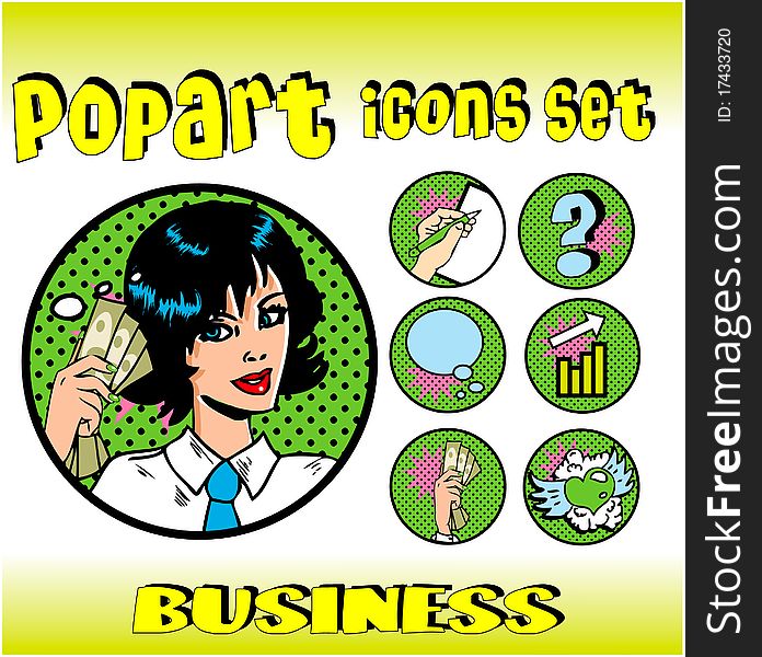 Business money top signs. vector pop art style icons set. woman in business