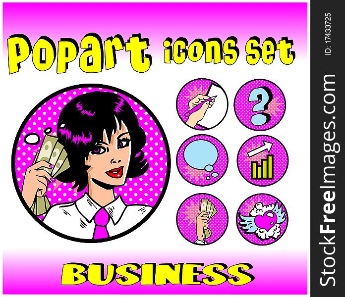 Business money top signs. vector pop art style icons set. woman in business. Business money top signs. vector pop art style icons set. woman in business