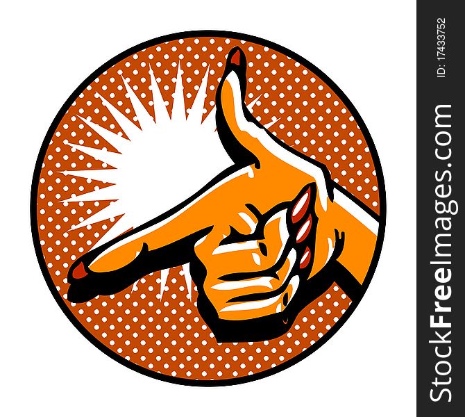 Close-up of hand, pointing like a gun. Popart comic style emblem