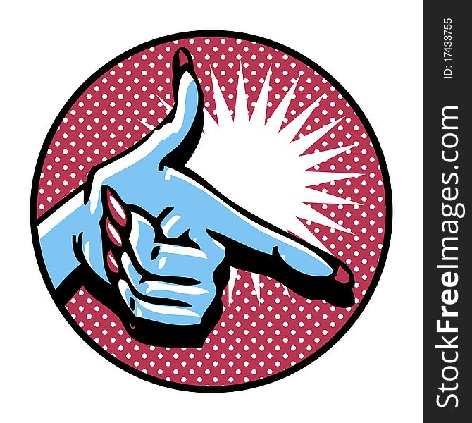 Close-up of hand, pointing like a gun. Popart comic style emblem. Close-up of hand, pointing like a gun. Popart comic style emblem