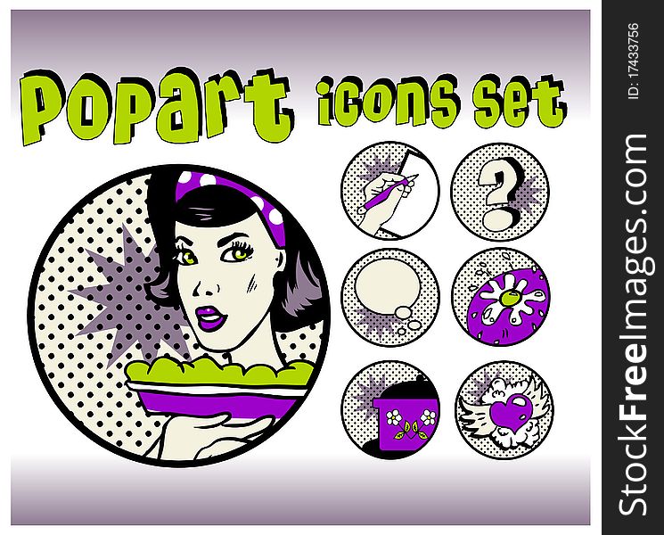 Vintage Icons of Cook and food. Popart emblems set for cooking community