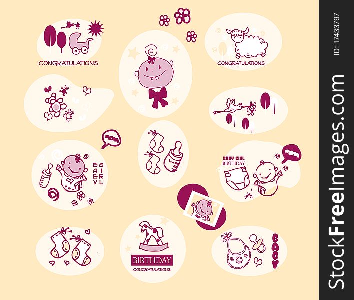 Baby girl elements set accessories clipart icons