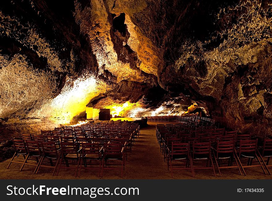 Volcanic cave with stage ans chairs inside, Lanzarote. Volcanic cave with stage ans chairs inside, Lanzarote