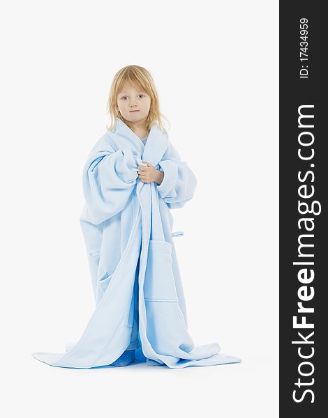 Boy with long blond hair in bathrobe of his mother - isolated on white. Boy with long blond hair in bathrobe of his mother - isolated on white