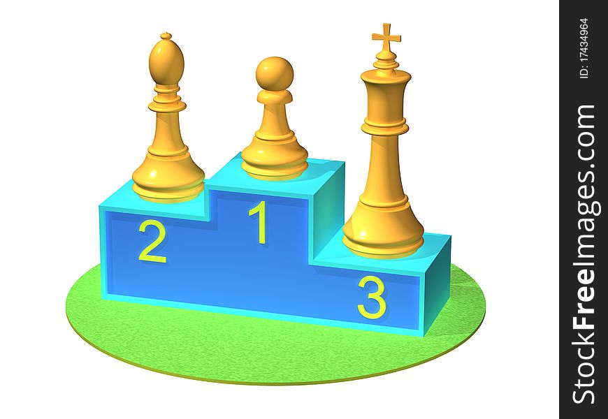 The three-dimensional, cartoon image of a pedestal with chessmen