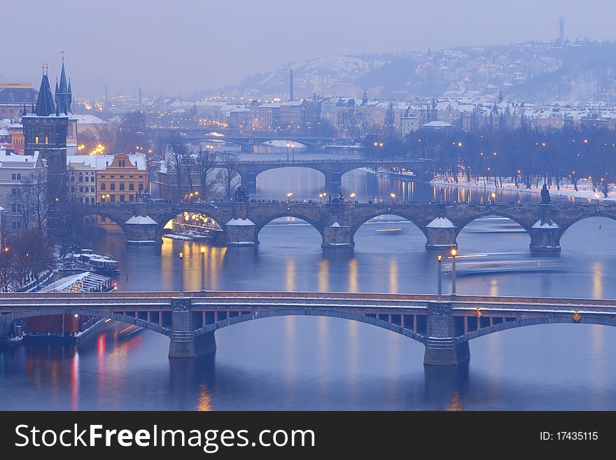 Czech republic, prague - bridges over vltava river at dusk. Czech republic, prague - bridges over vltava river at dusk