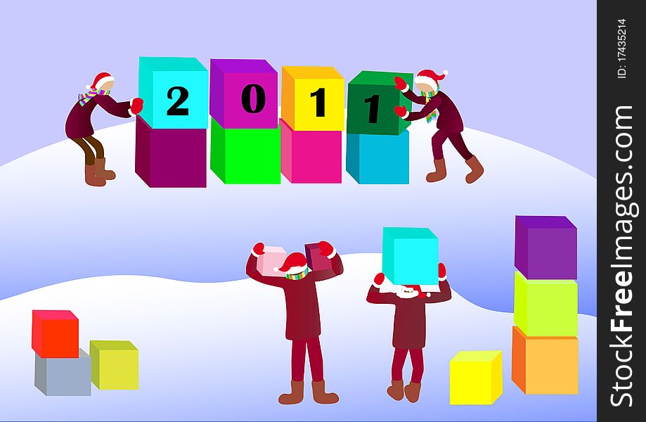 Greeting the New Year. Gnomes, that puts the date 2011 cubes.