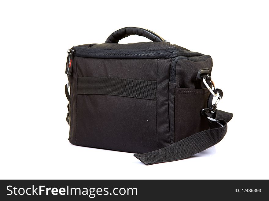 Professional camera bag isolated on white background.