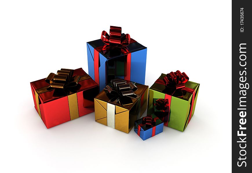 Christmas gifts. Colorful box with ribbon isolated on white background. High quality 3d render.