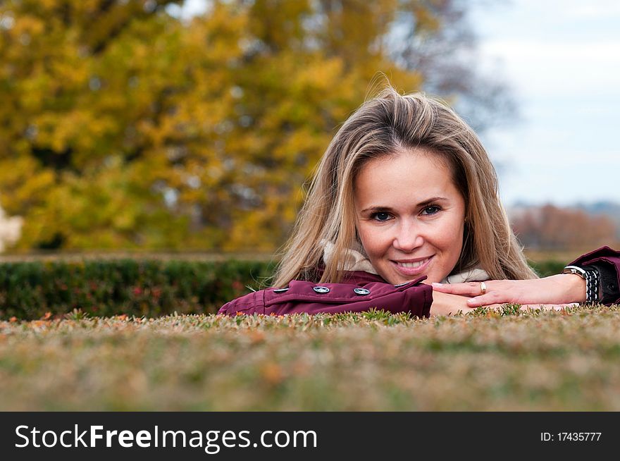 Cute caucasian model outdoors, horizontal shot.