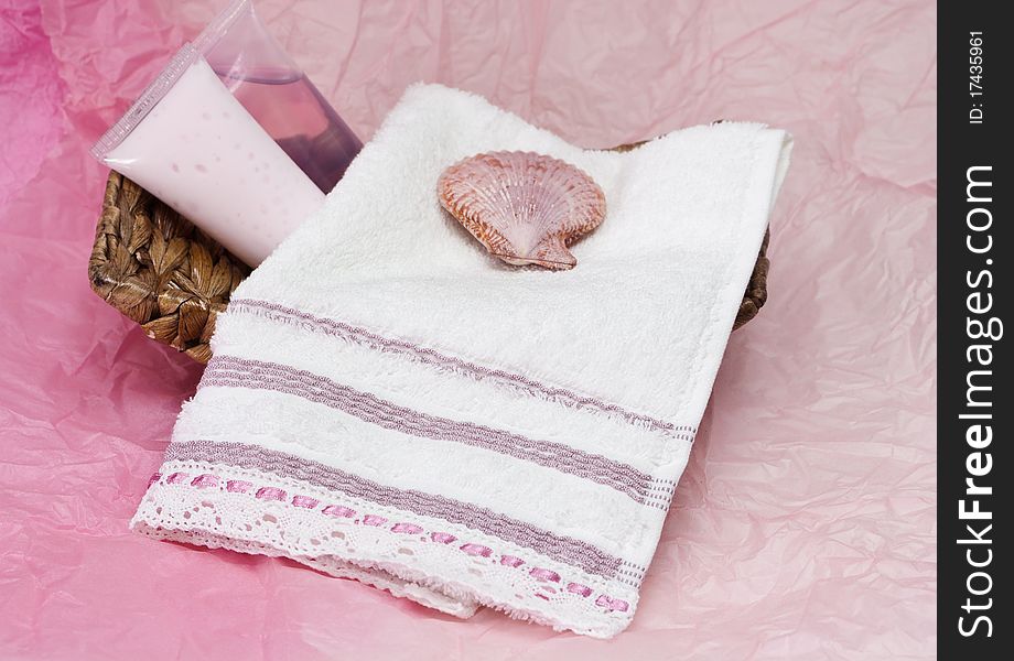 Bathroom accessories on a pink paper background. Bathroom accessories on a pink paper background.