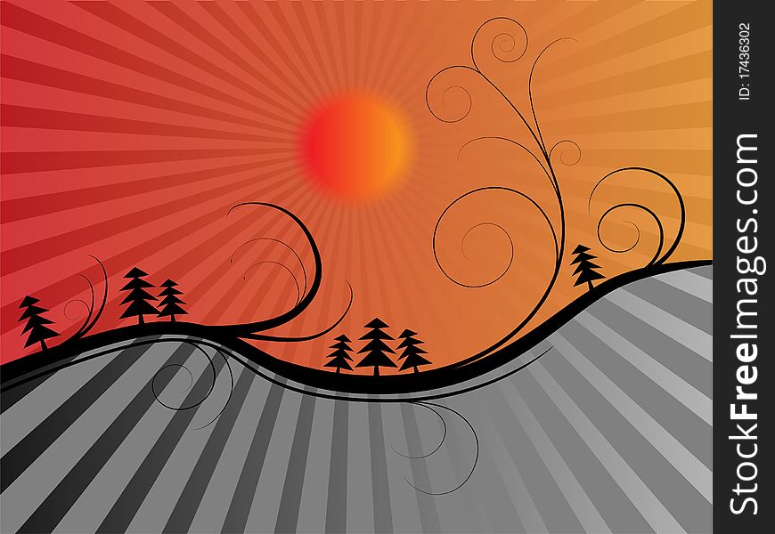 Abstract orange gray background with sun and trees. Abstract orange gray background with sun and trees