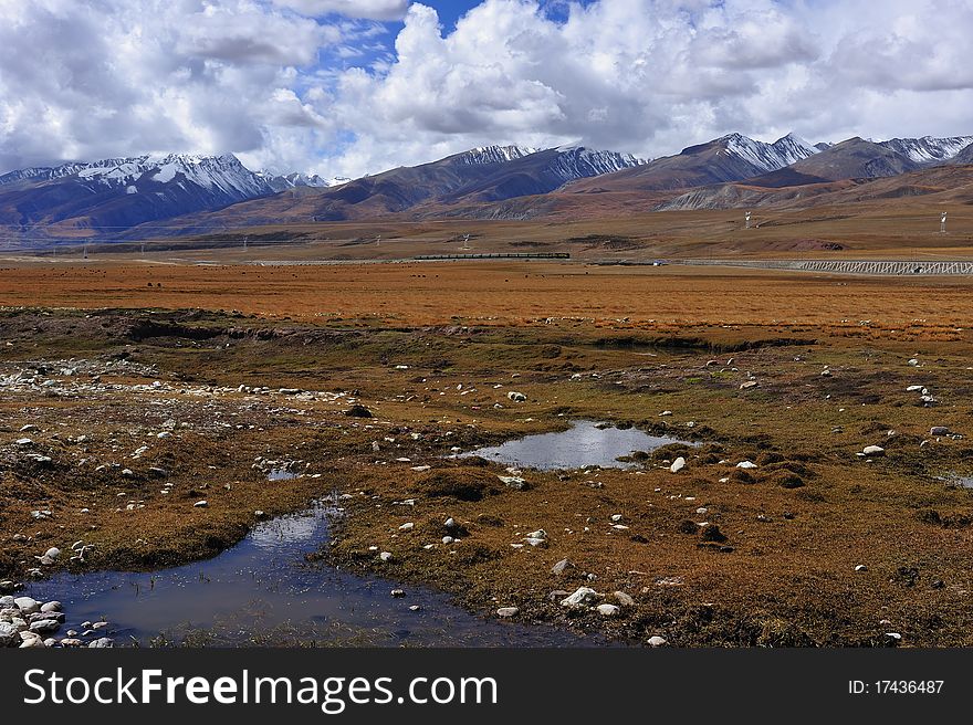 Plateau wetland snowy mountains and the beautiful scenery