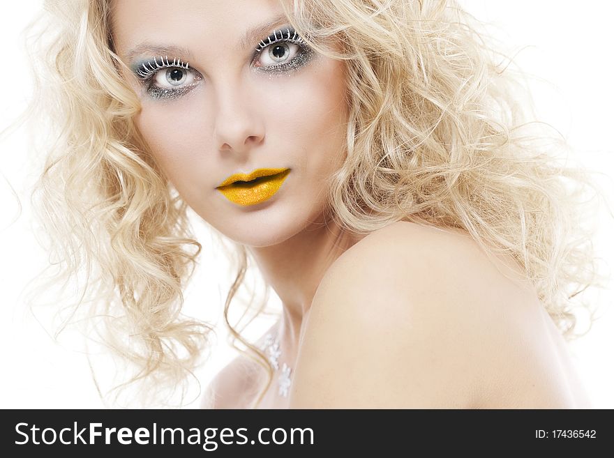 Portrait of beautiful blonde woman with bright makeup