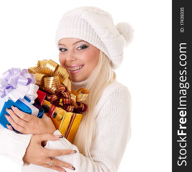 Girl holding a presents on white background. Girl holding a presents on white background
