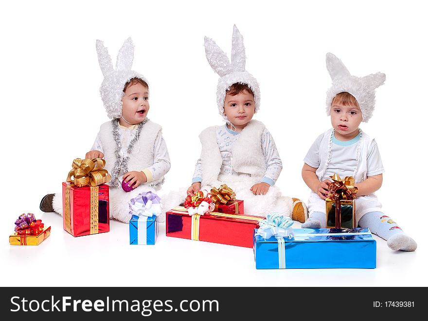 Three new year rabbit boy with gifts. Three new year rabbit boy with gifts